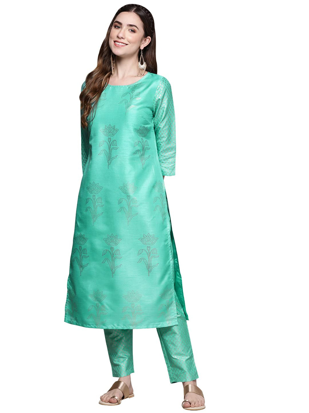 Ziyaa Art Silk Women'S Sky Blue Rayon Straight Kurta And Pant Set_Green_S