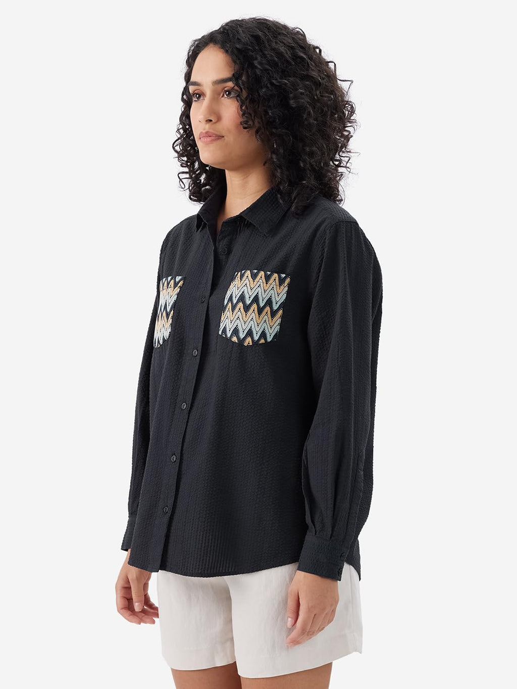 The Souled Store Aruba Women and Girls Long Sleeves Collared Neck Button Front Crochet Pocket Textured Fabric Cotton Boyfriend S