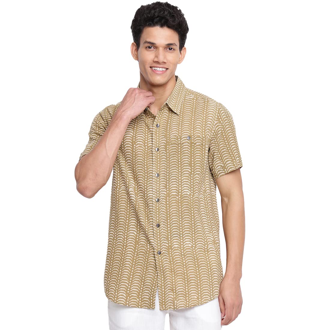 Fabindia Men Cotton Printed Shirt Beige_Xxl