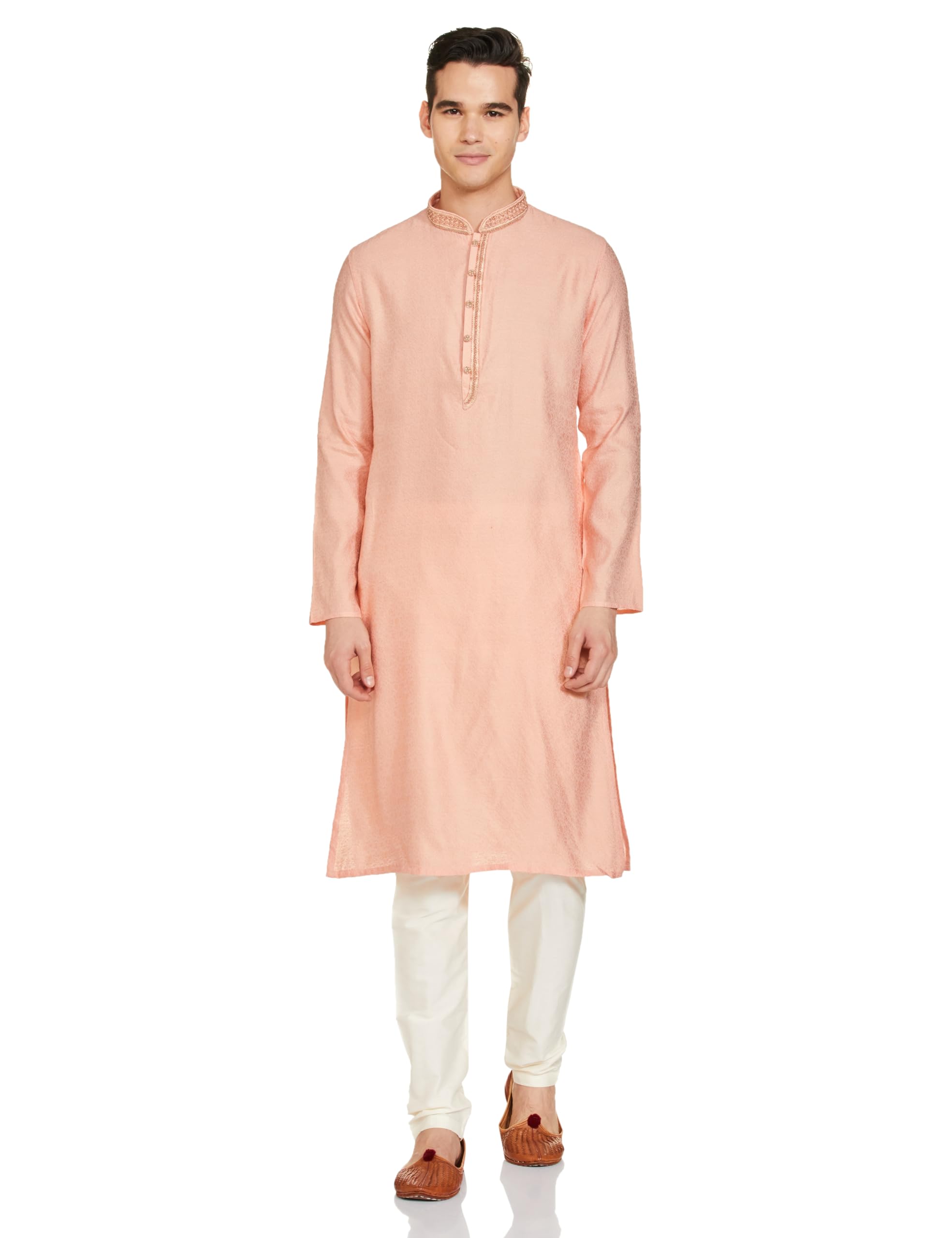 Manyavar Peach Blended Viscose Solid Casual Kurta Set With Mandarin Collar