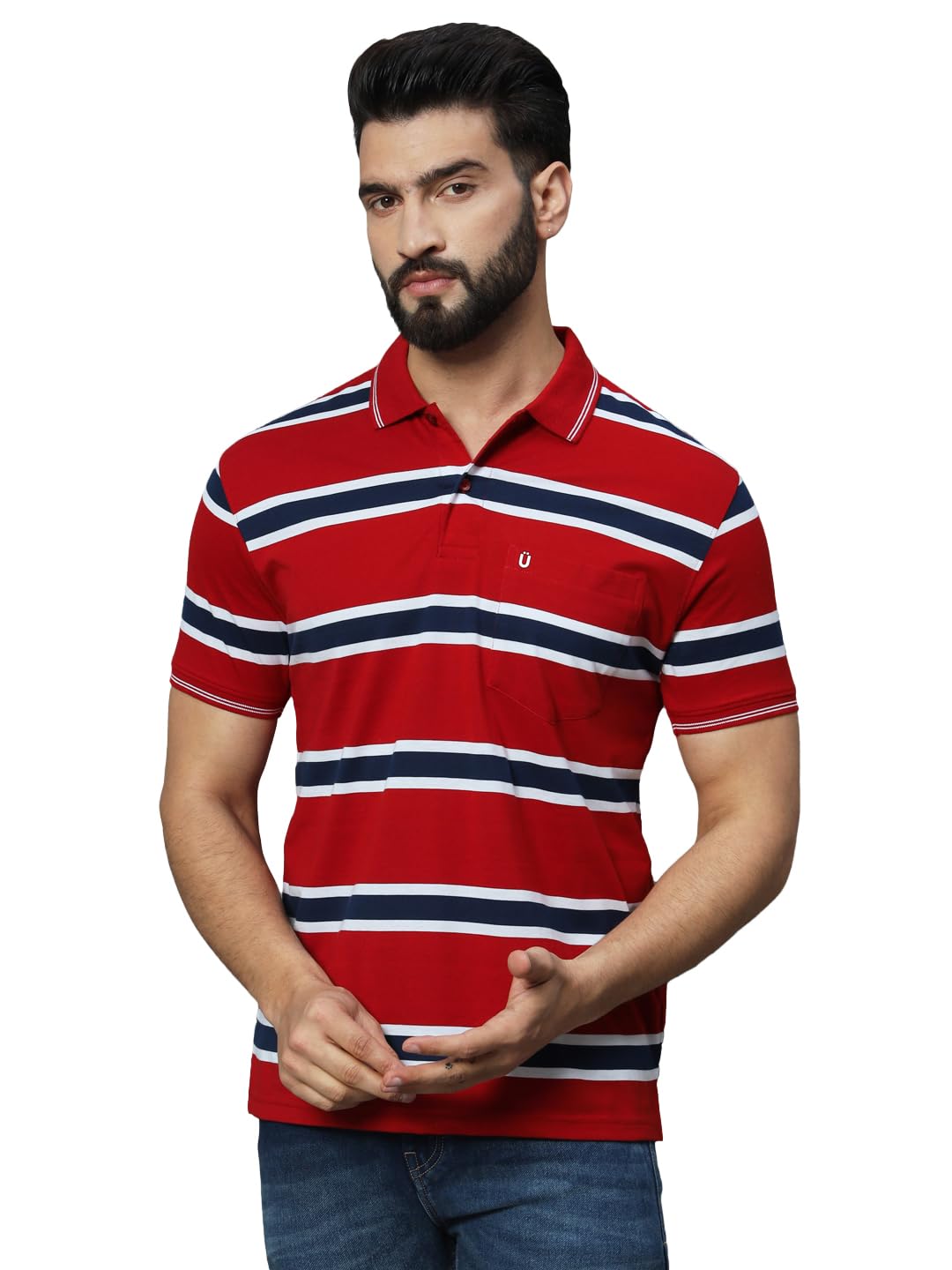 UNIBERRY Mens Cotton Blend Polo Collar Striper T Shirt Has A Short Sleeves & Pocket On ChestREMT3RNW_4XL 4