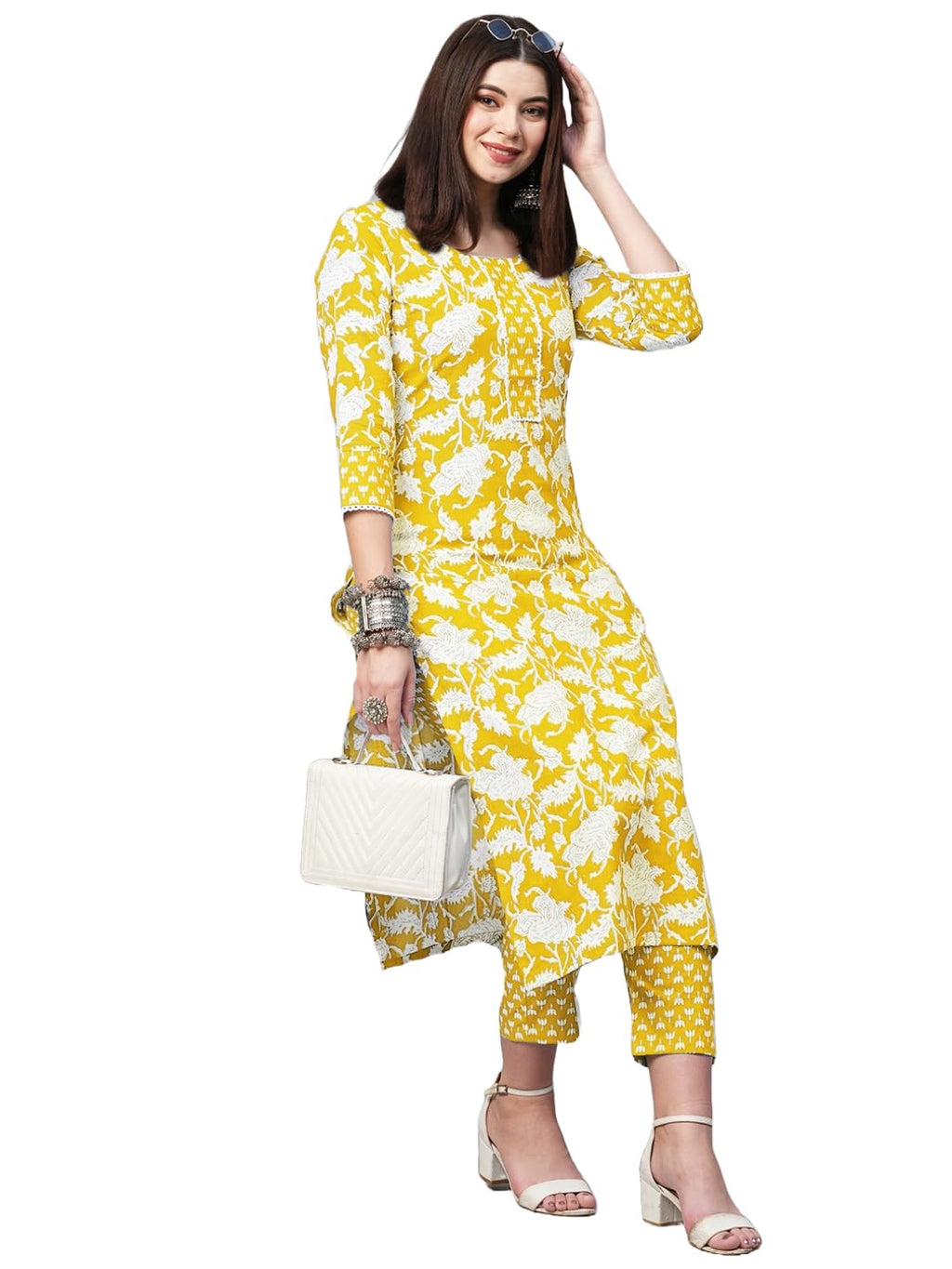 ANNI DESIGNER Womens Cotton Blend Printed Straight Kurta with Pant (Pustak Yellow_M_Begani_Medium)