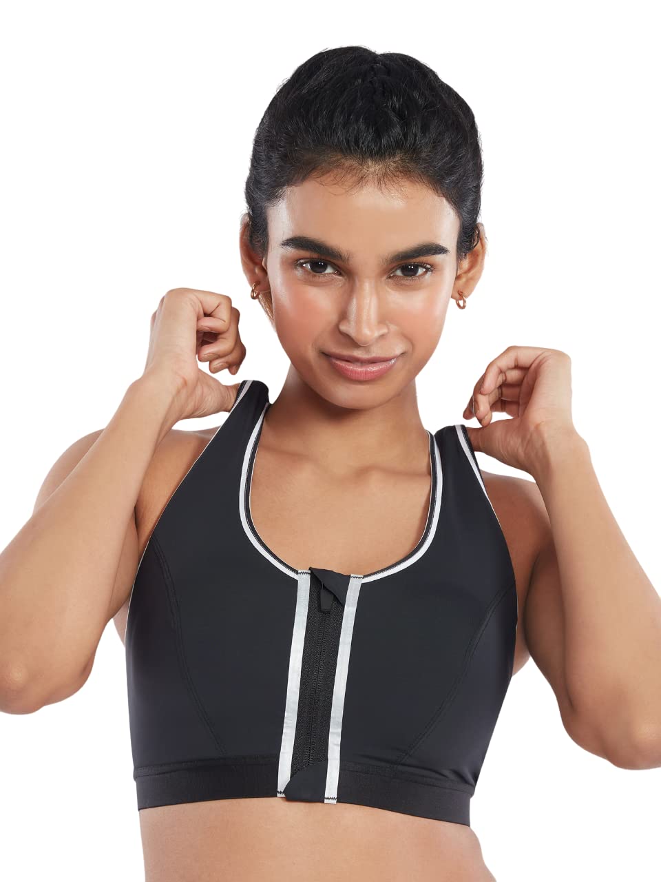 Nykd By Nykaa Stylish High-Impact Everday Sports Bra For Women, Front Zip Closure, High Support, Removable Cookies, Racer Back -