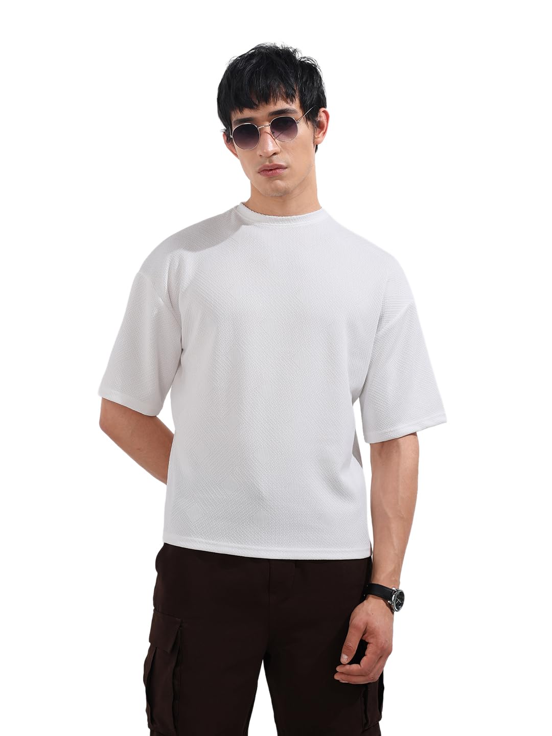 The Indian Garage Co Mens Boxy Textured Half Sleeves Crew Neck T-Shirt
