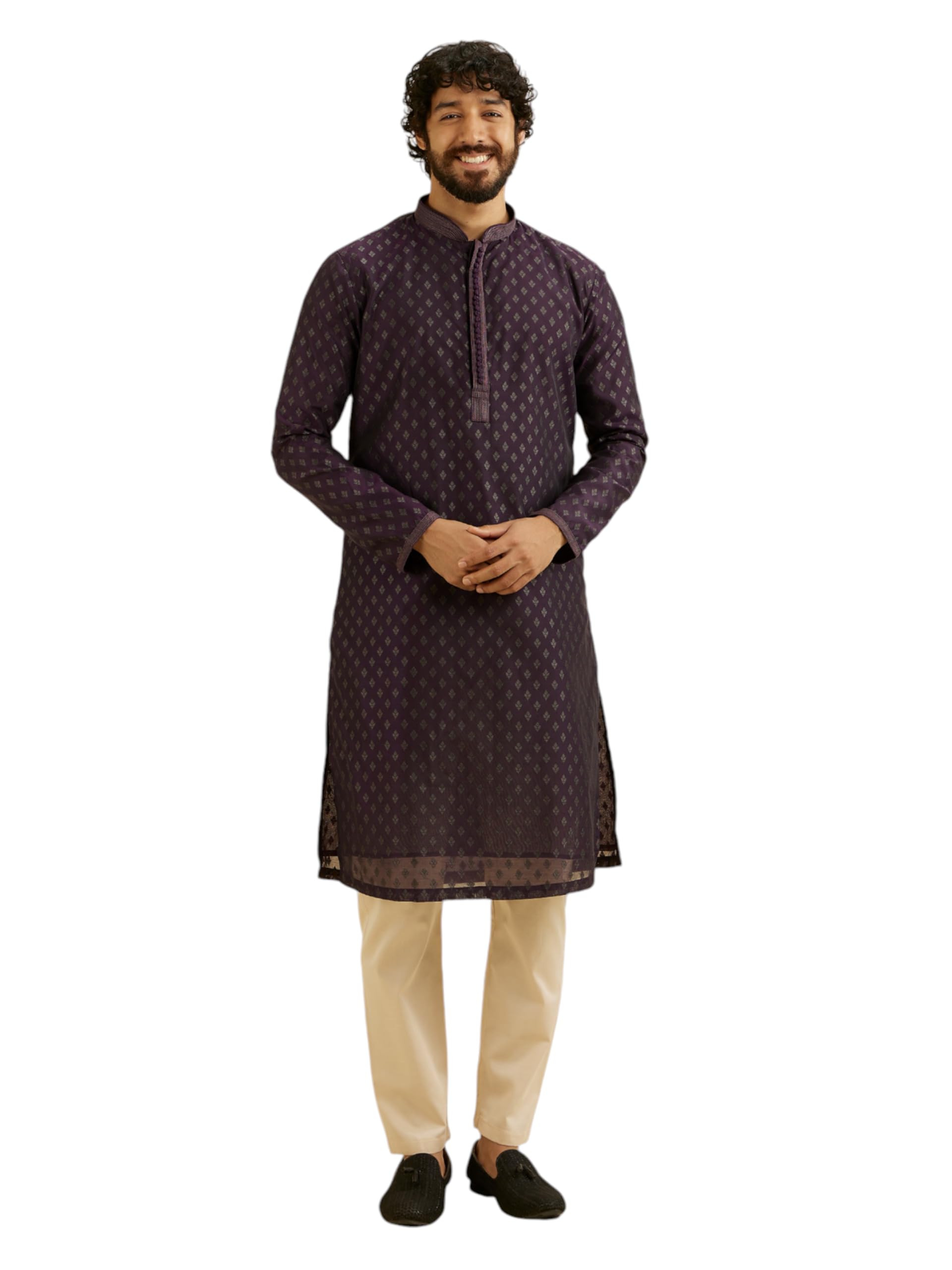 Manyavar Mens Chanderi Self Design Kurta Set (Purple,XL)