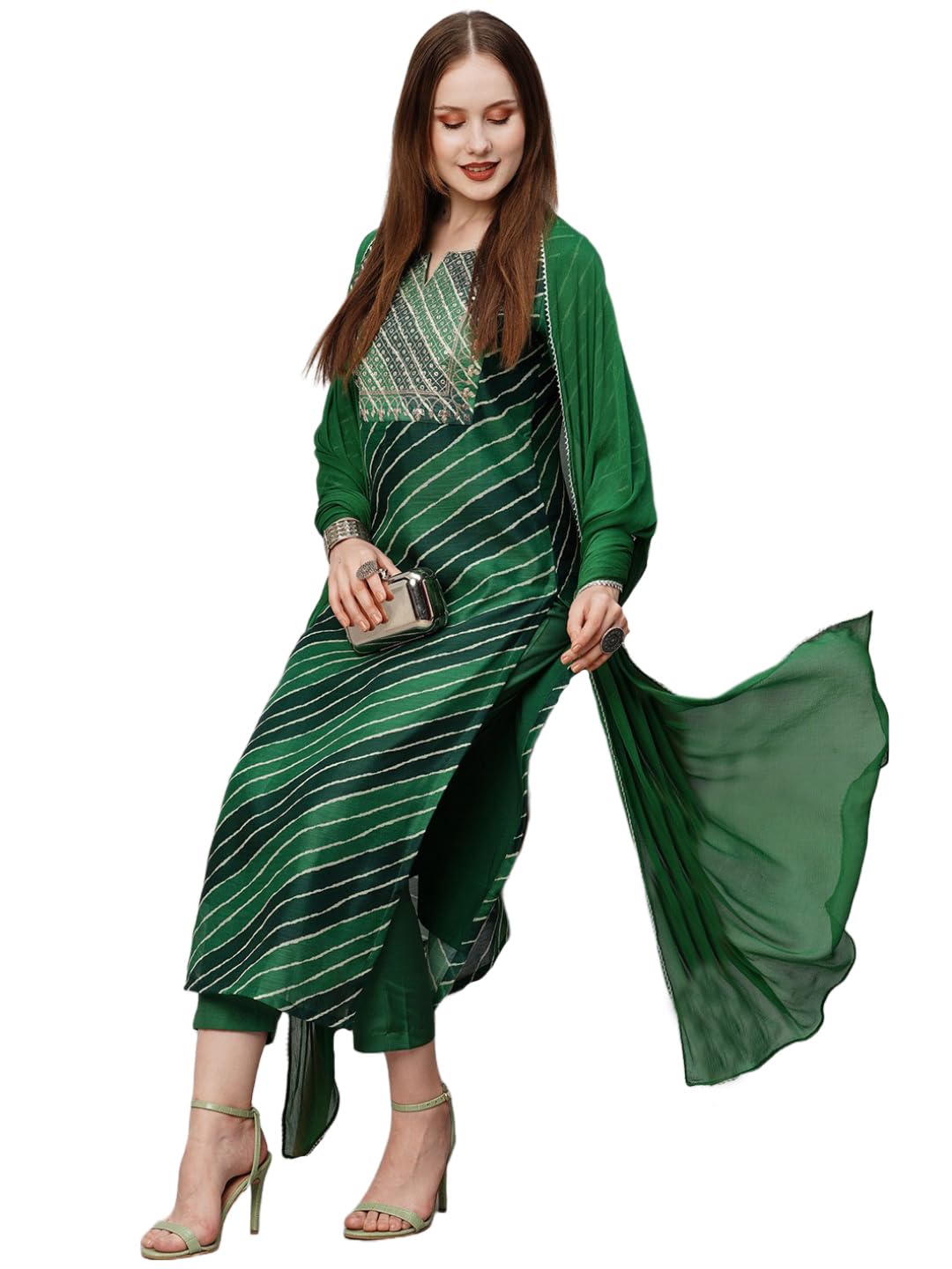 ANNI DESIGNER Womens Georgette Printed Straight Embroidered Kurta with Pant & Dupatta (RUPKLA Mehandi-NW_XXL_Green_XX-Large)