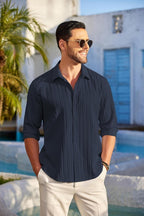 Deelmo MenS Button Down Dress Shirts Textured Long Sleeve Casual Hawaiian Beach Shirt Navy Blue