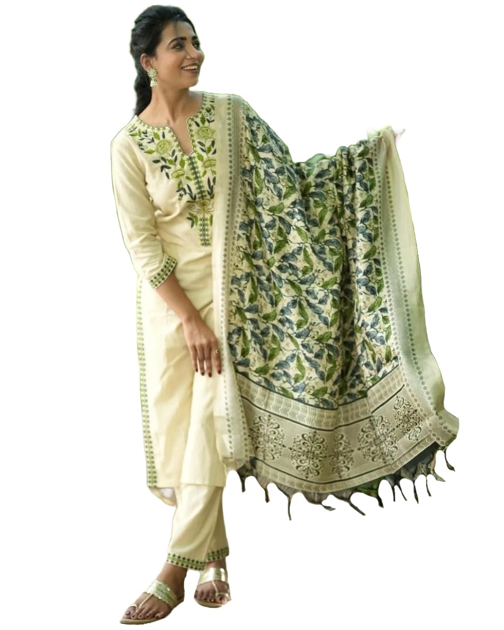 ANNI DESIGNER Womens Rayon Blend Straight Embroidered Kurta with Pant & Dupatta (Pamposh Cream_XL_Cream_X-Large)