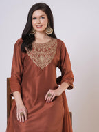 ANNI DESIGNER Women s Viscose Rayon Embroidered Straight Kurta with Trousers and Dupatta, Mustard, Small