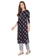 Shasmi Women'S Navy Blue Cotton Straight Kurta With Checkered Trouser (Kurta 25 N Blue Xl)