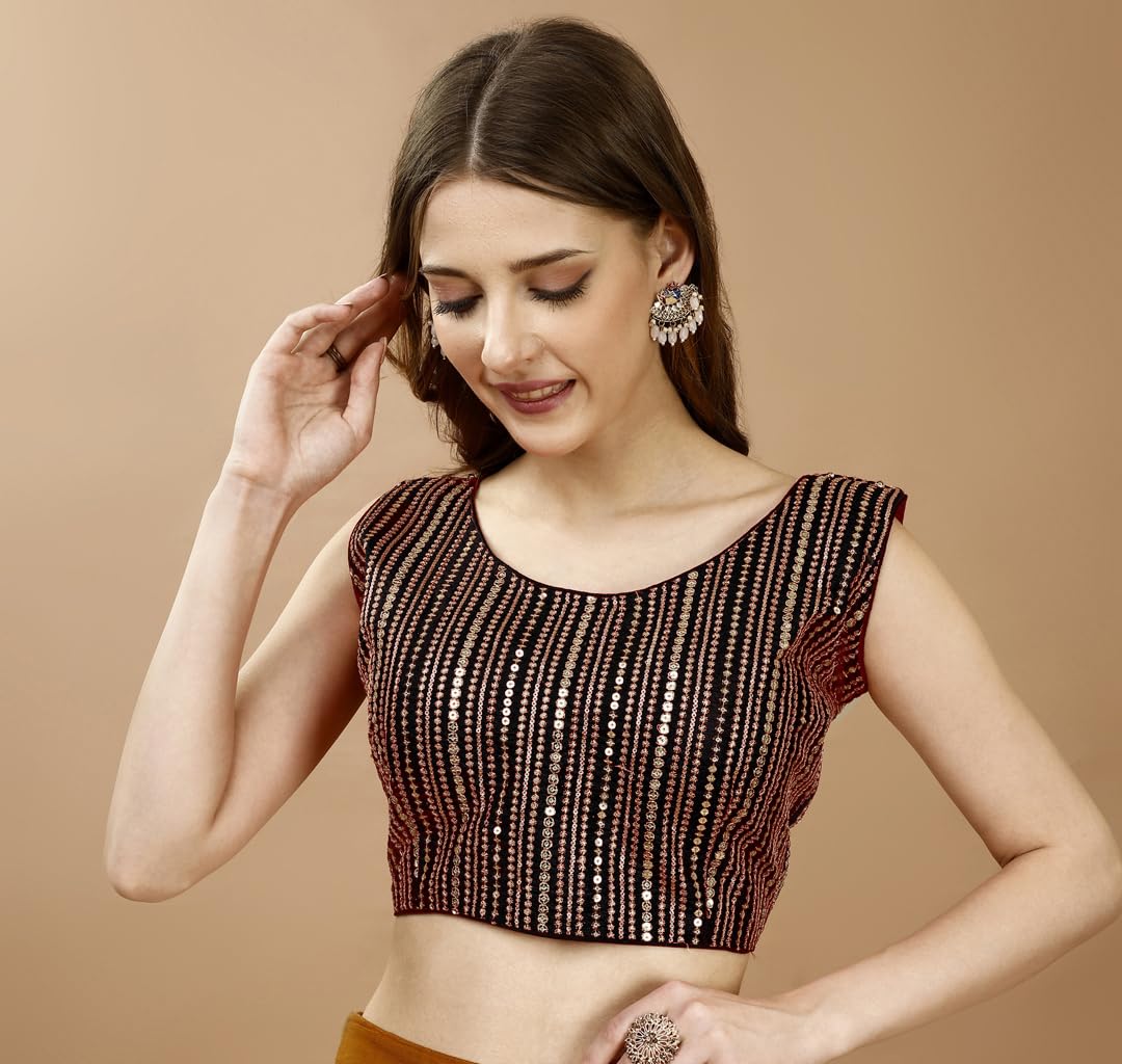 Pujia Mills WomenS Sequin Embroidered U Neck Sleeveless Readymade Saree Blouse Indian Ethnic Designer Stitched WomenS Black Bl