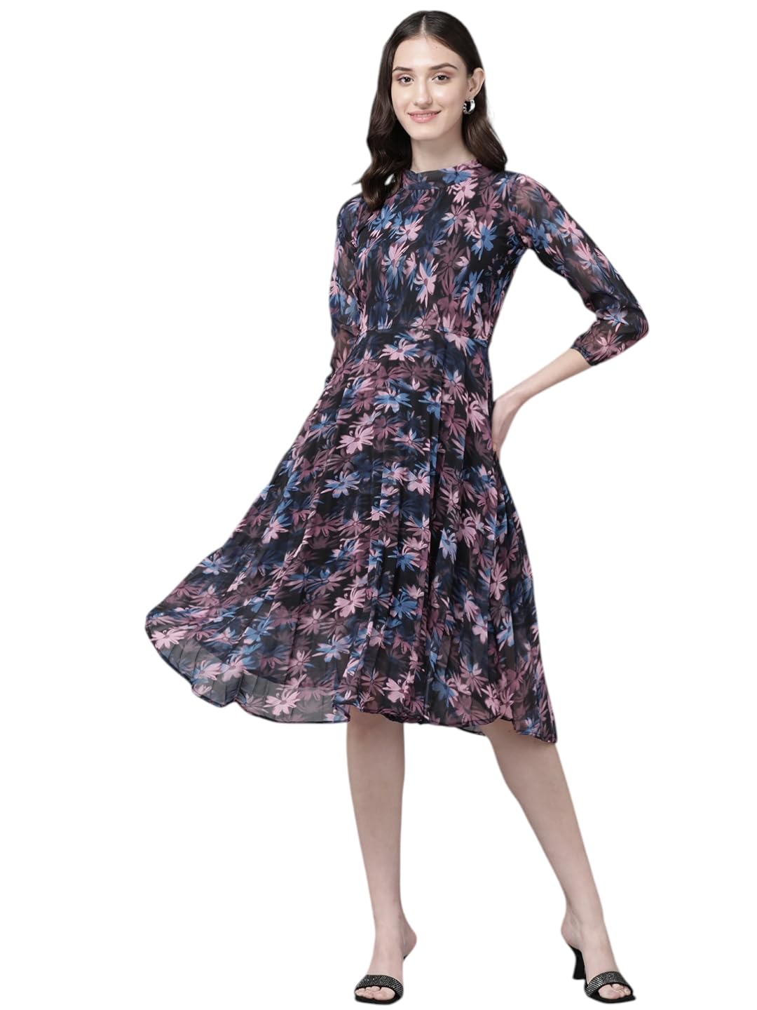 Aarika Womens Georgette Skater Knee-Length Dress (DR-A-W-509_Black_S)