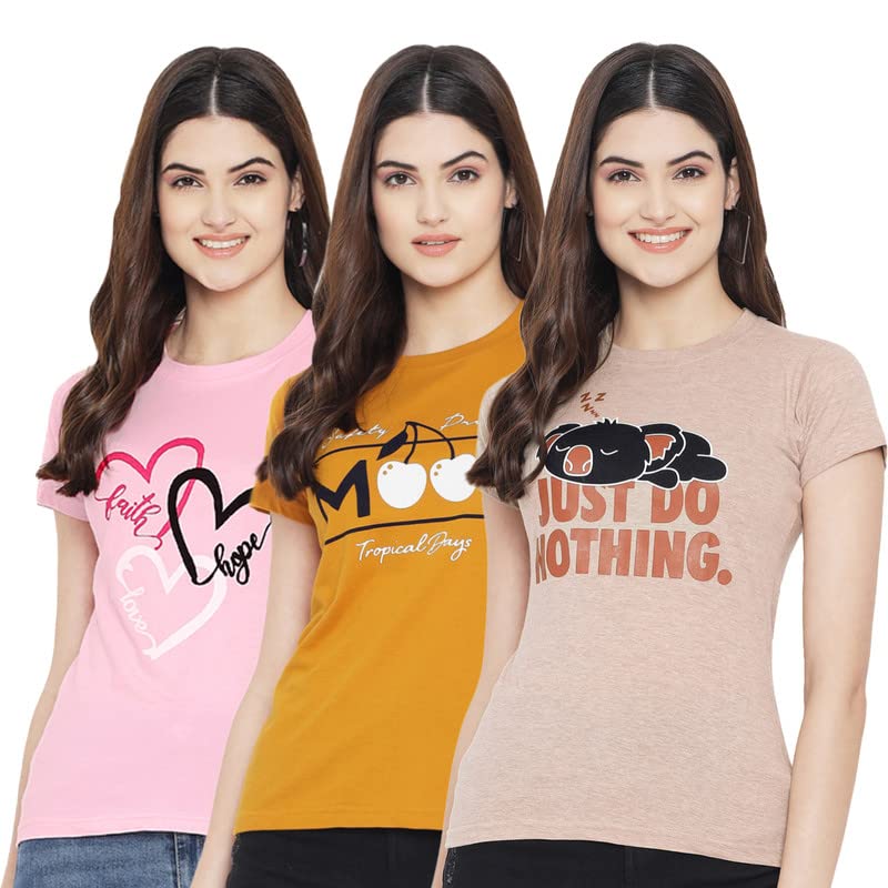 Preneum Womens Cotton Regular Fit Latest Graphic Stylish Printed Short Sleeves Casual T-Shirt || Trend & Style (Pack 3), Pink &