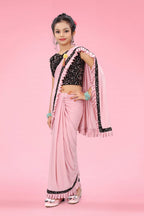 Dhyey Fashion Girls Lycra Blend Ruffle Pattern Saree With Velvet Unstitched Blouse Piece