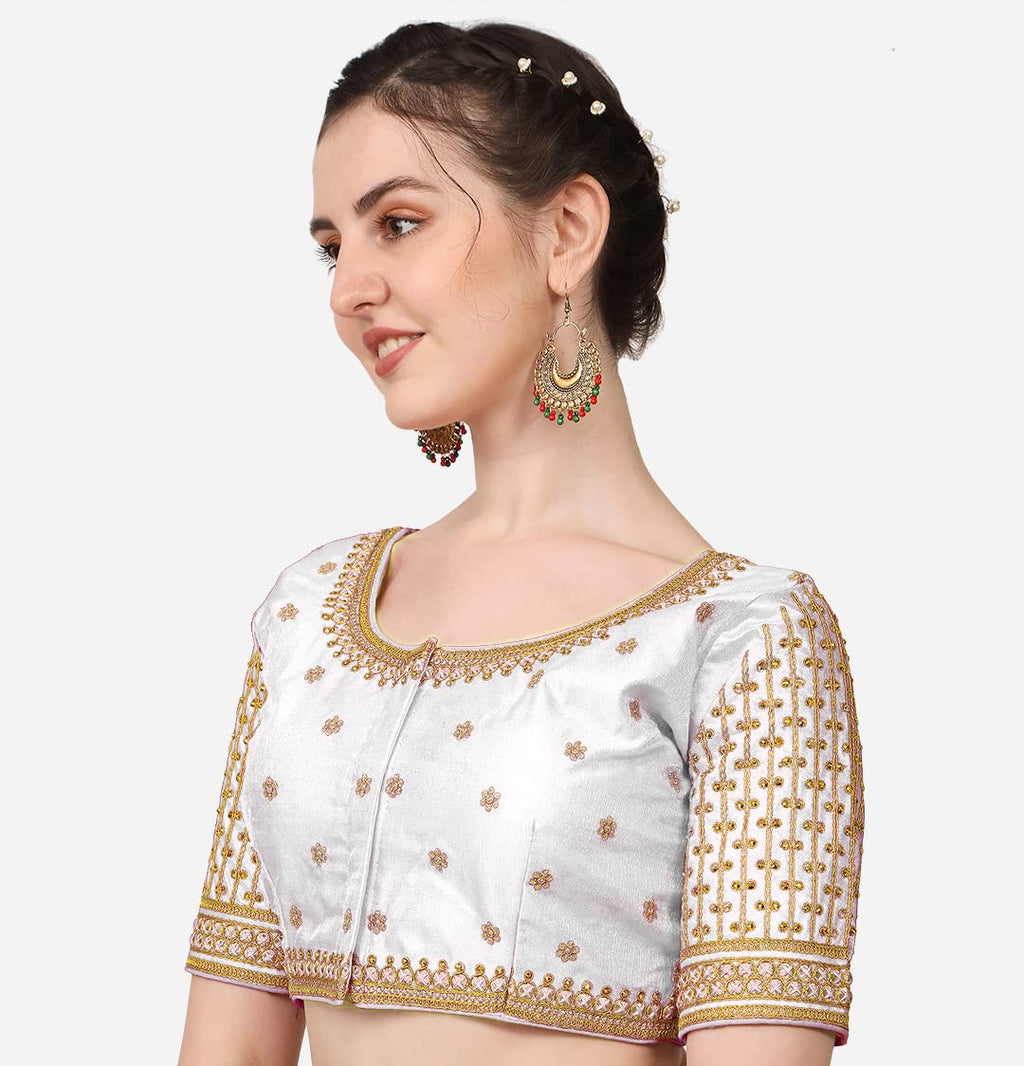 Pujia Mills WomenS Cobra Silk Embroidery Coding Stone Work Half Sleeve Saree Blouse
