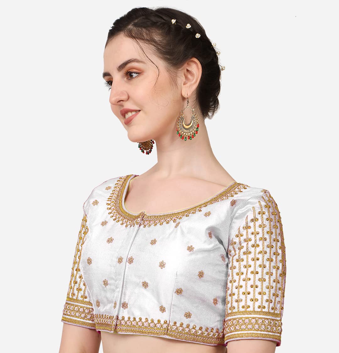 Pujia Mills WomenS Cobra Silk Embroidery Coding Stone Work Half Sleeve Saree Blouse
