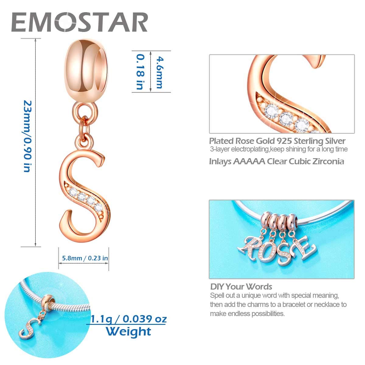 Letter S Charms Initial A-Z Alphabet Beads - Rose Gold Authentic 925 Sterling Silver Letra Dangle Letra Necklace Pendant, fit Pa