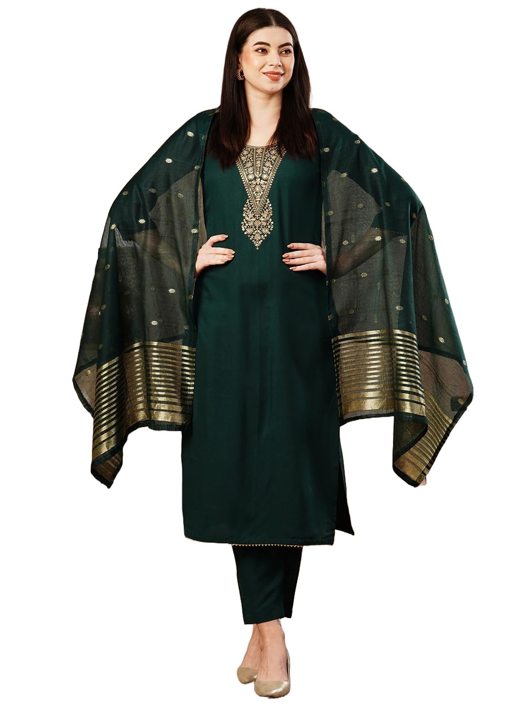 ANNI DESIGNER Womens Cotton Blend Straight Embroidered Kurta with Pant & Dupatta (Kanimoj Green_L_Green_Large)