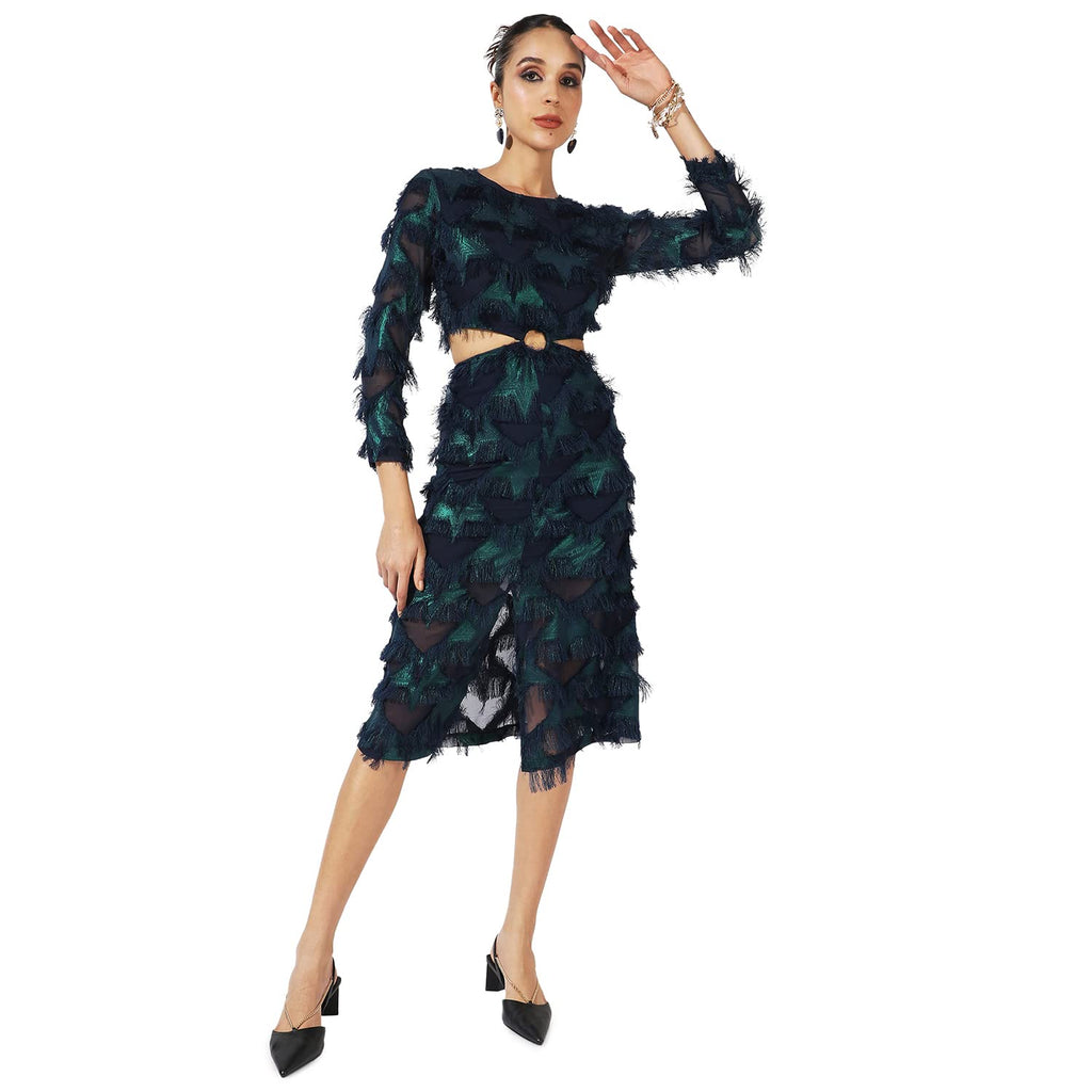 Campus Sutra Women'S Green & Blue Cutout Fringe Dress For Casual Wear | Long Sleeve | Midi Length | Dress Crafted With Comfort F