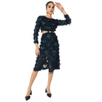 Campus Sutra Women'S Green & Blue Cutout Fringe Dress For Casual Wear | Long Sleeve | Midi Length | Dress Crafted With Comfort F