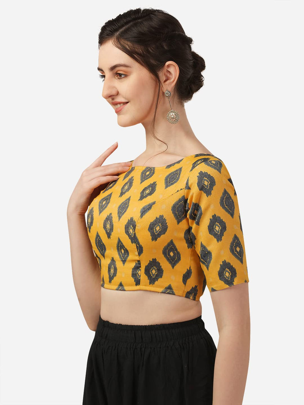 Oomph! WomenS High-Neck Cotton Rayon Paisley Print Aari Work Ethnic Wear Half Sleeve Saree Blouse - Yellow