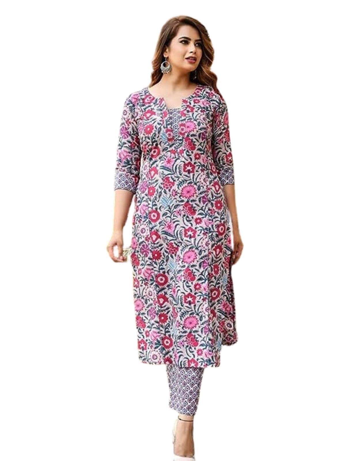 DHRUVI TRENDZ Women Cotton Blend Fancy Kurta Set Regular Fit Printed (DT-K2708&P130_Pink_3XL)