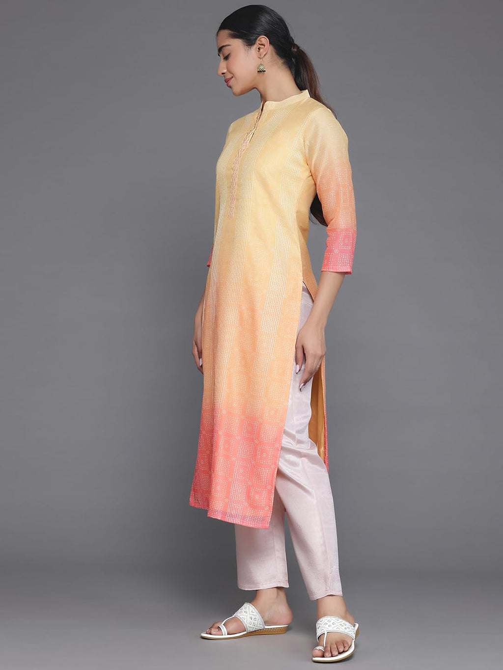 Libas Yellow Printed Chanderi Silk Straight Kurta