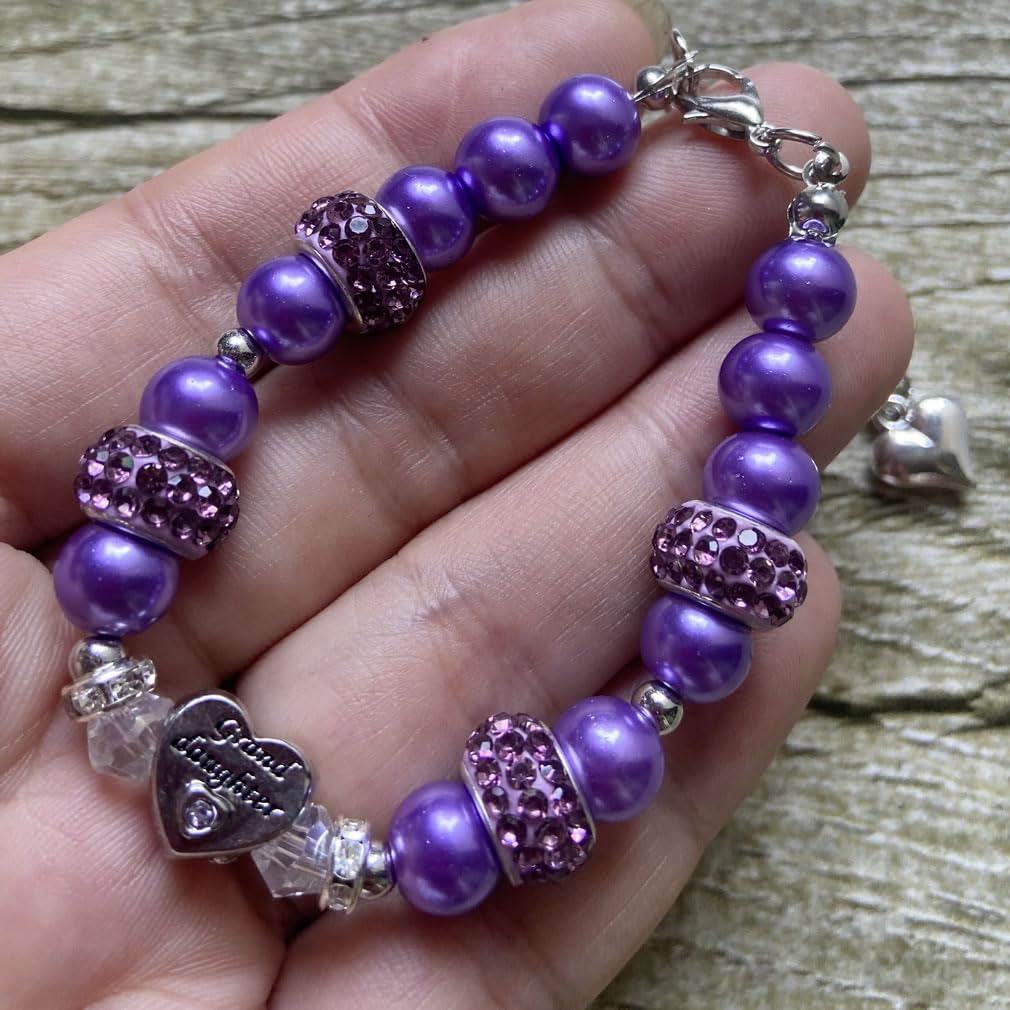 DOLON Purple Glass Pearl Color Rhinestone Granddaugther Charm Bracelet Jewelry Wedding Bridal Birthday Christmas
