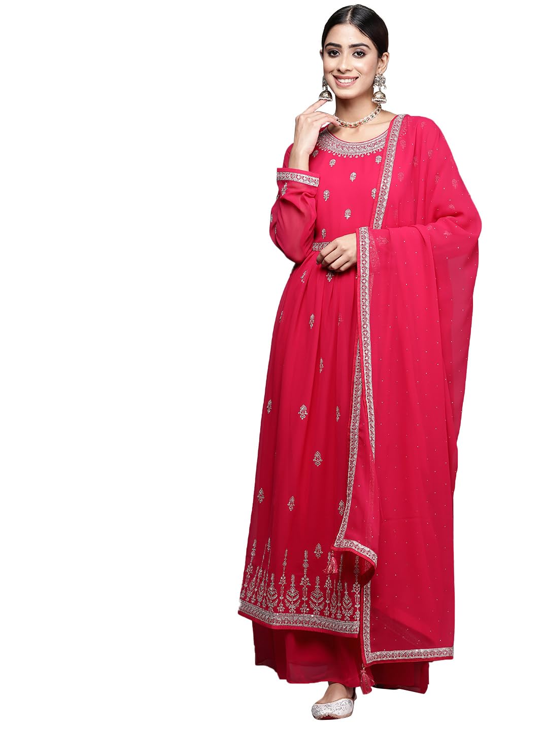 Libas Womens Embroidered Georgette A-Line Kurta With Palazzos And Dupatta