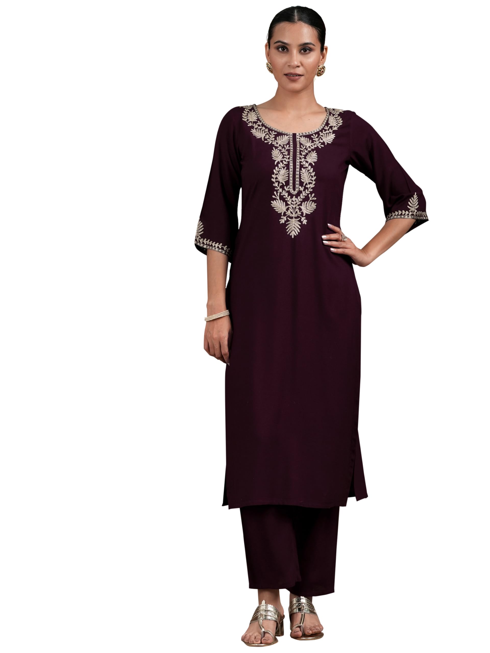 Libas Women Viscose Rayon Regular Burgundy Yoke Design Kurta Sets, Small