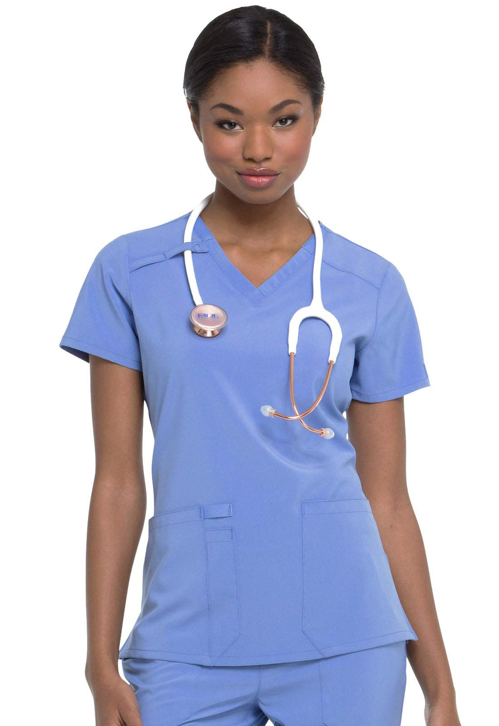 Dickies EDS Essentials Scrubs, V-Neck Womens Tops with Four-Way Stretch and Moisture Wicking DK615, S, Ciel