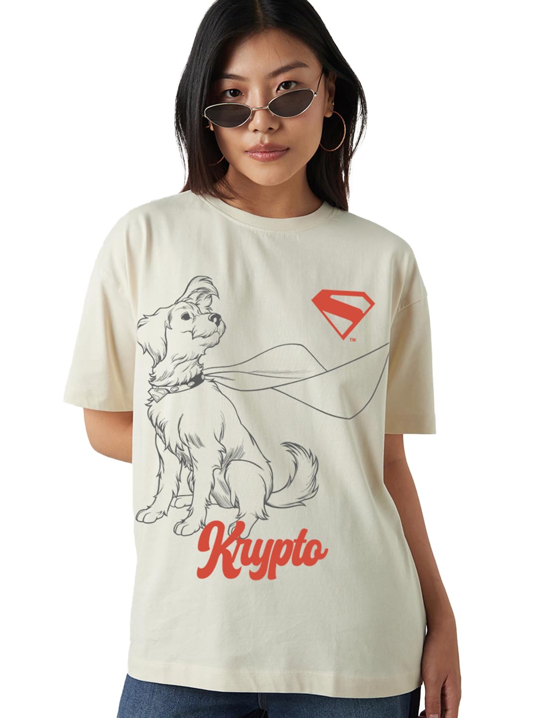 Bewakoof Official Dc Merchandise Superman Womens Graphic Print Oversized Fit Half Sleeve Round Neck Cotton T-Shirt_683832_Beige