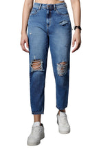 High Star Women Non Stretch Mom Fit High Distress Jeans (Blue, 34)
