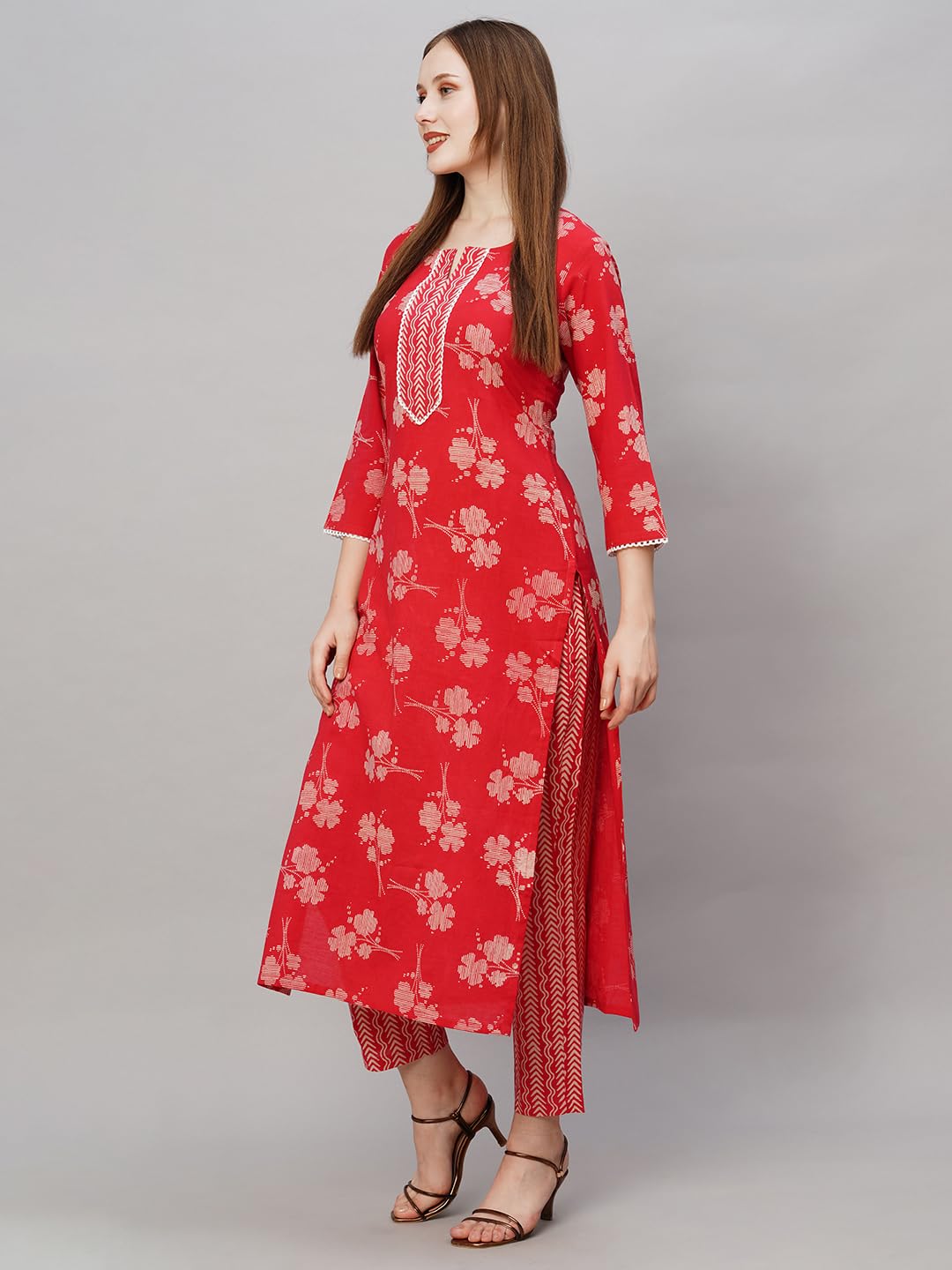 ANNI DESIGNER Womens Cotton Blend Printed Straight Kurta with Pant (Lalbagh Red_M_Red_Medium)