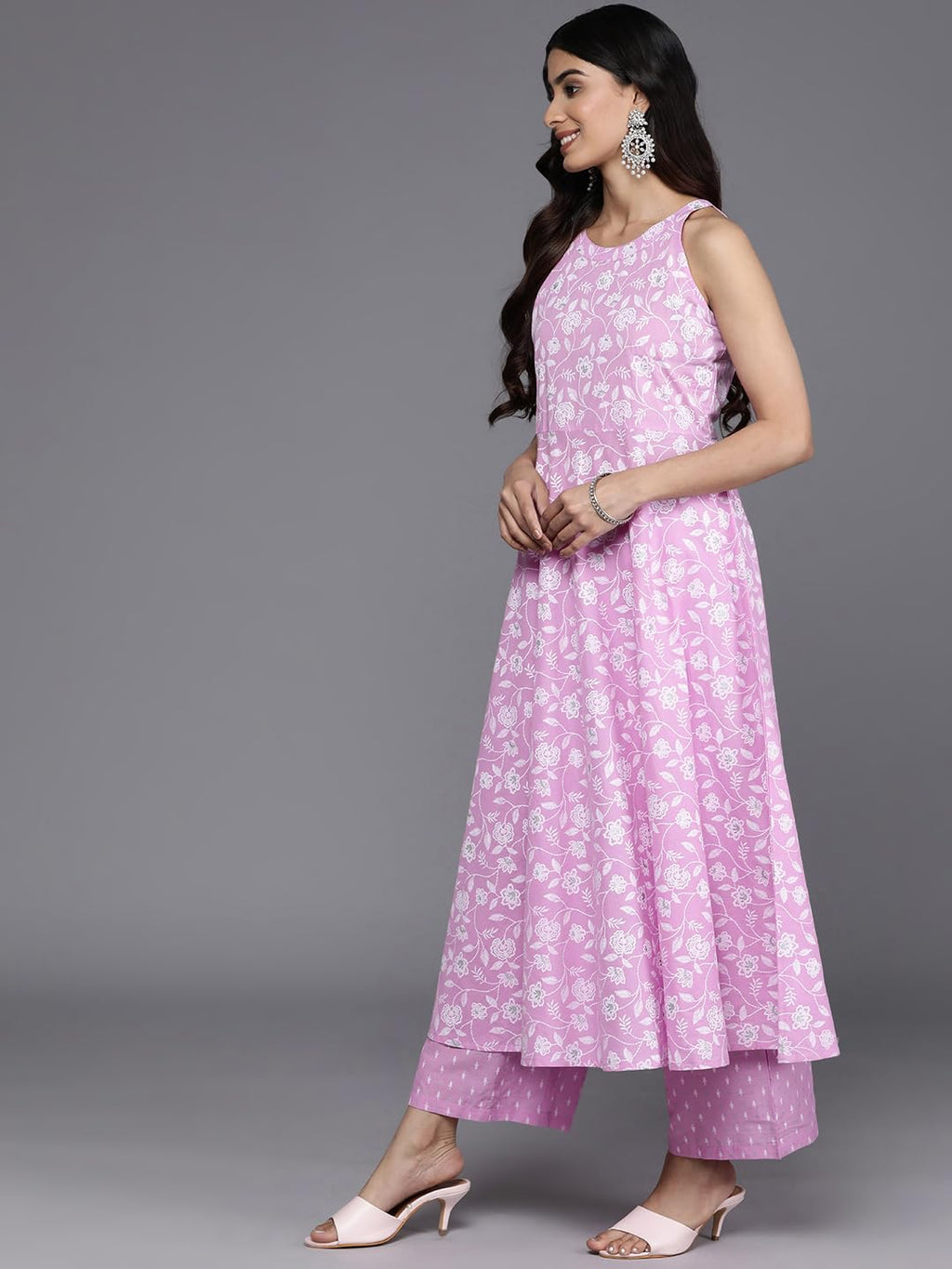 Varanga Women Lavender And White Floral Printed Anarkali Kurta Paired With Tonal Bottom