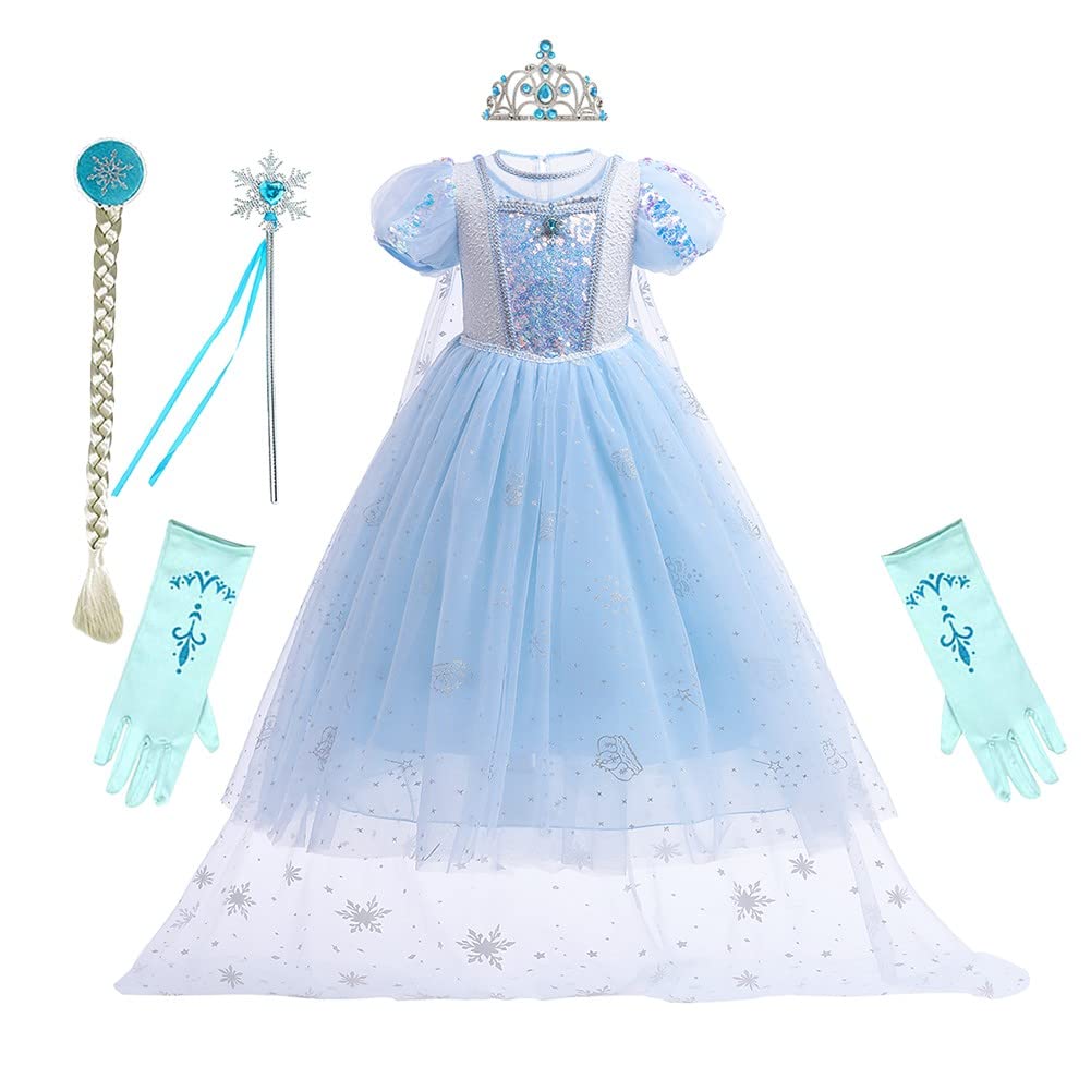 REXREII Girls Frozen Elsa Princess Dress Halloween Costume Christmas Wedding Birthday Evening Party Gown w/Accessories Blue 10-1
