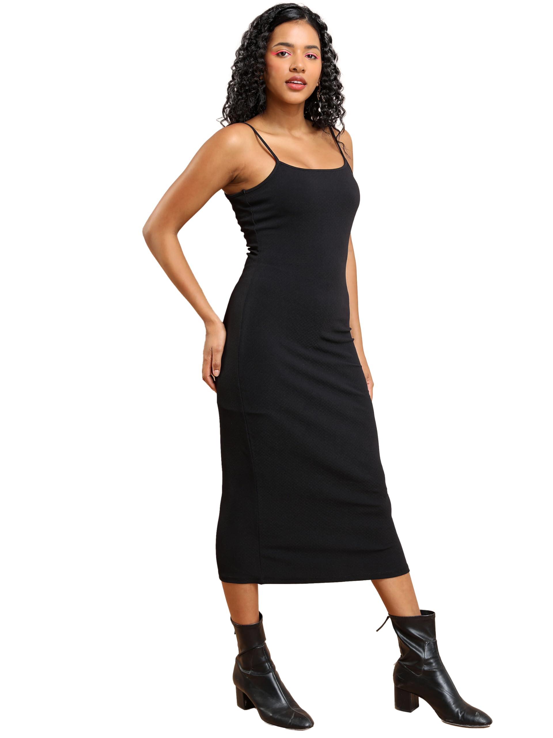 Ketch WomenS Cotton Blend Mock Neck Slit Back Bodycon Dress Calf Length Khj6000621_Black