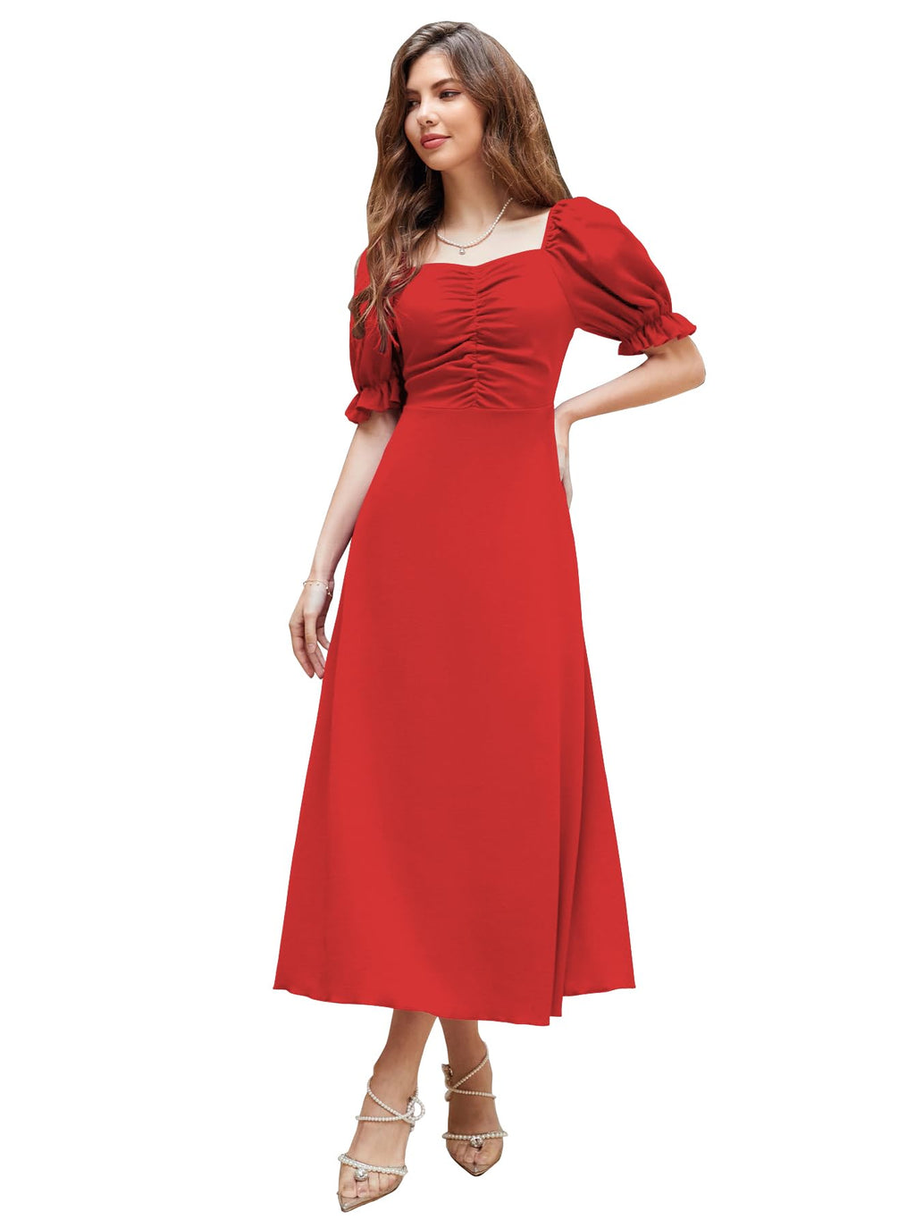 Shasmi GirlS & WomenS Solid Red A-Line Ruched Puff Sleeve Maxi Long Evening One Piece Long Dress For Women Stylish (Dress 131 