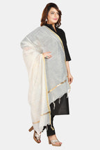 Fabme Silk Blend Women'S Checkered Dupatta With Embellish Golden Border Off-White Free Size