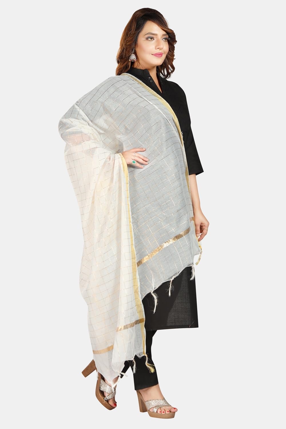 Fabme Silk Blend Women'S Checkered Dupatta With Embellish Golden Border Off-White Free Size