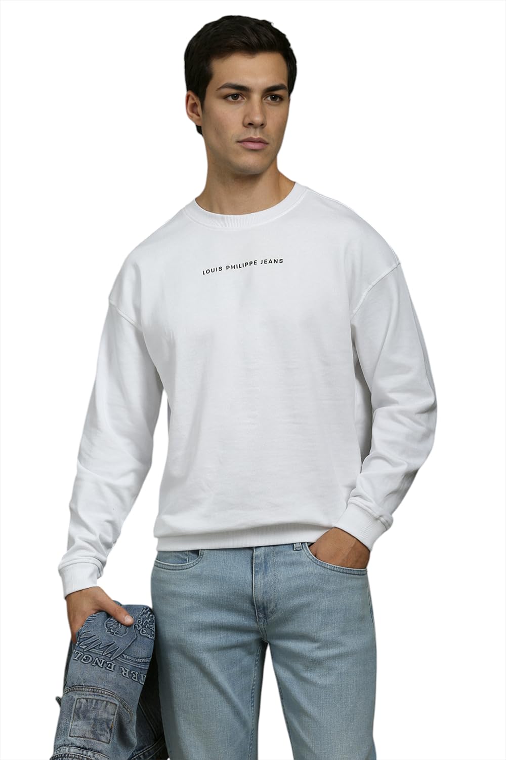 Louis Philippe Men Cotton Crew Neck Regular Casual White Graphic Print Sweatshirt, Medium