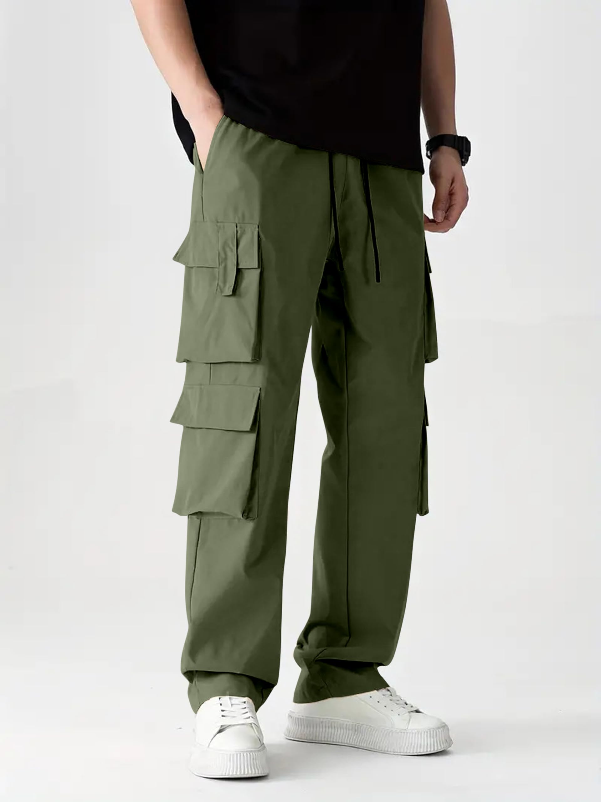 Indoprimo MenS Cotton Blend Trousers Cargo Style With Drawstring Both Side Pockets Solid Pattern Regular Fit And Long Length