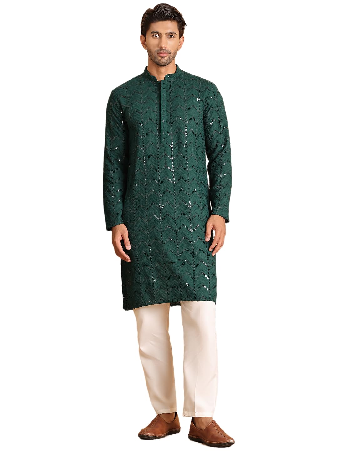 Jompers Mens Embroidered Sequined Viscose Straight Kurta Pyjama Set