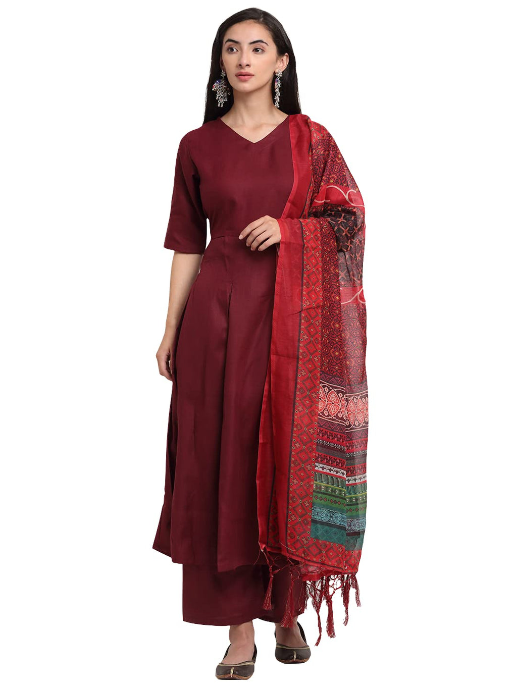 ANNI DESIGNER Womens Cotton Anarkali Kurta with Pant & Dupatta (Rani Maroon_S_Maroon_Small)