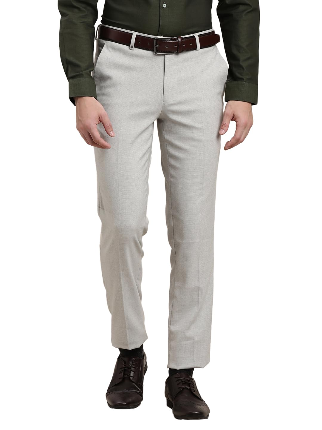 Turtle Men Polyviscose Stretch Slim Fit Solid Grey Flat Front Formal Trouser