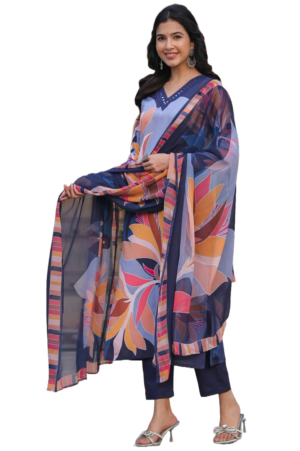 ANNI DESIGNER Womens Cotton Blend Straight Printed Kurta with Pant & Dupatta (KHISSU NAVY BLUE_S_Navy Blue_Small)