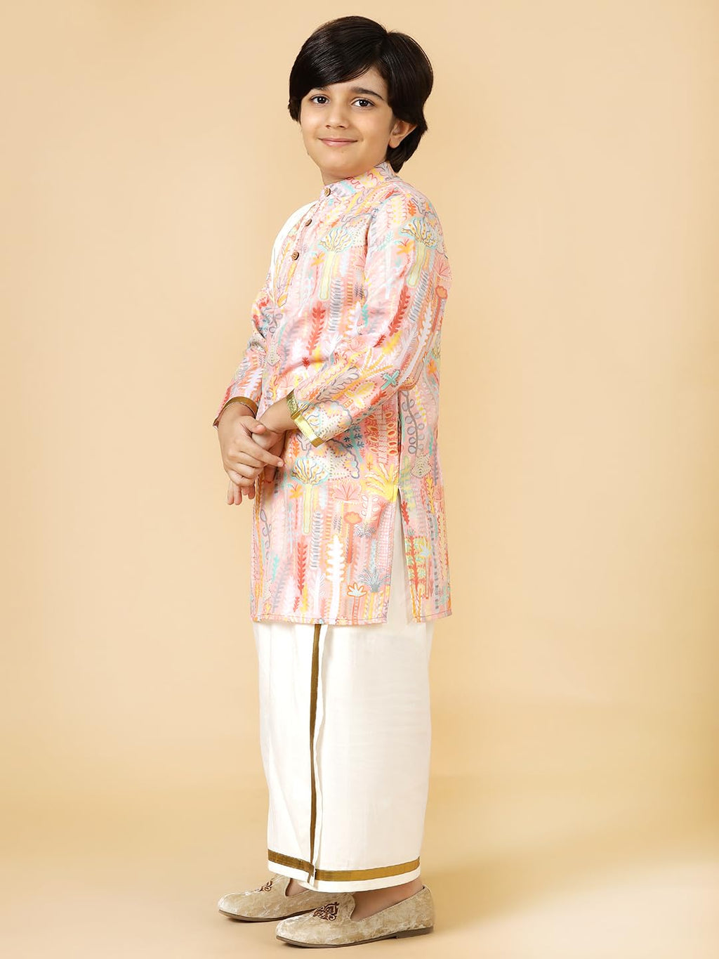 A.T.U.N. (ALL THINGS UBER NICE) Boys Peach Printed Kurta with Elasticated Mundu with Underneath Shorts Set