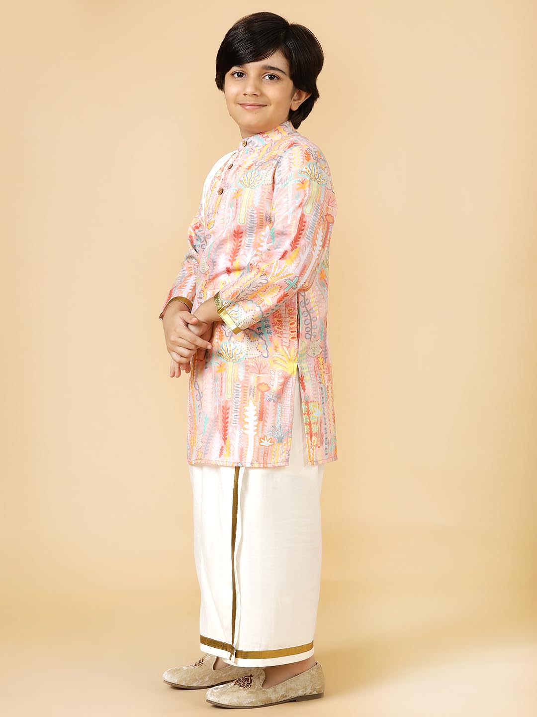 A.T.U.N. (ALL THINGS UBER NICE) Boys Peach Printed Kurta with Elasticated Mundu with Underneath Shorts Set