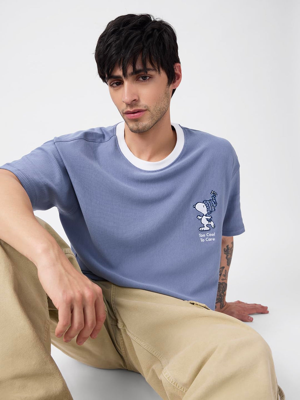 The Souled Store Peanuts: Too Cool to Care Men and Boys Short Sleeves Round Neck Blue Embroidered Cotton Oversized T-Shirts