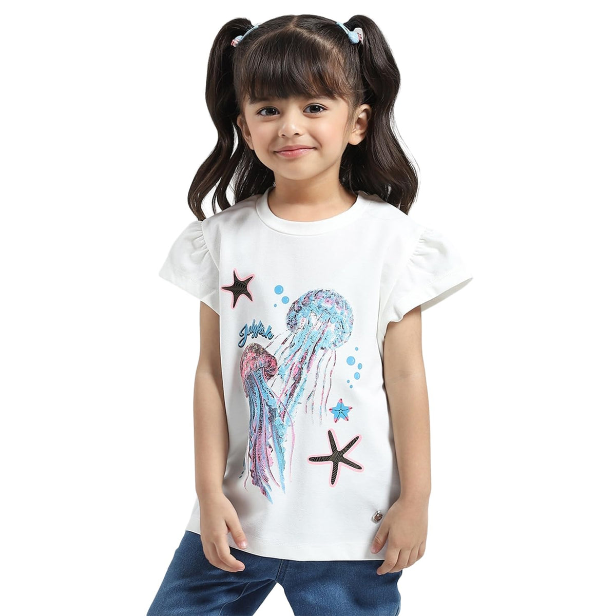 Monte Carlo Girls Printed Round Neck Top | Half Sleeve | Regular Fit | Stylish & Comfortable Cotton Casual TShirt For Girls Whi 13-14
